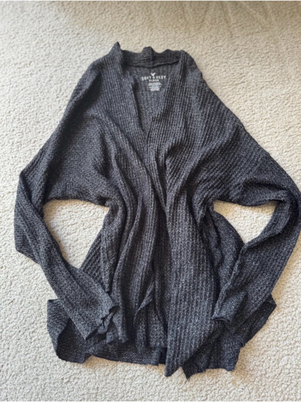 American Eagle Outfitters Dark Charcoal Ribbed Open-Front Cardigan